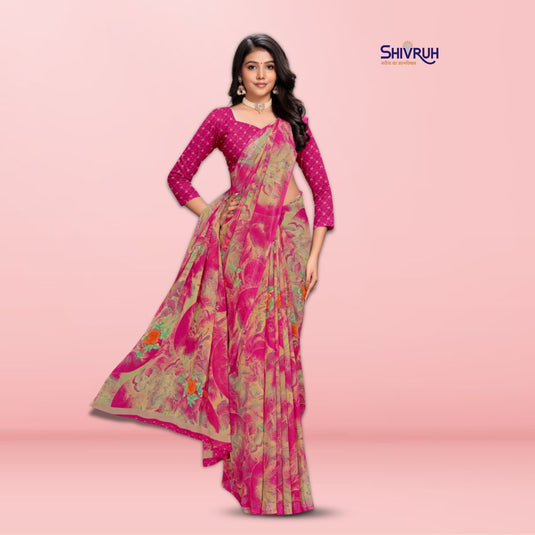 Pink georgette saree with running blouse, lightweight fabric, elegant drape for party and festive wear