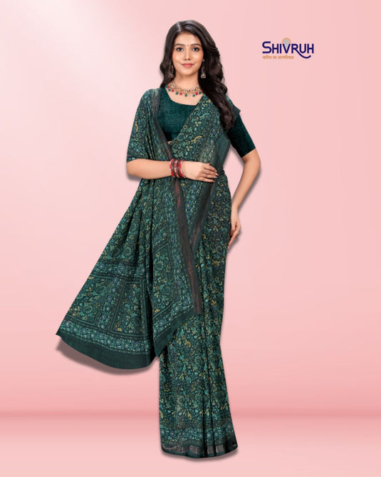 Shivruh Creation Dark Teal Blue Georgette Saree with Zari Border β Small Print Designer Saree with Running Blouse, Premium Soft Fabric