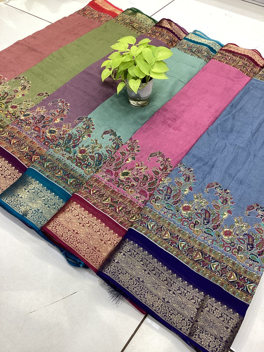 Fancy cotton floral print woven border saree blouse set