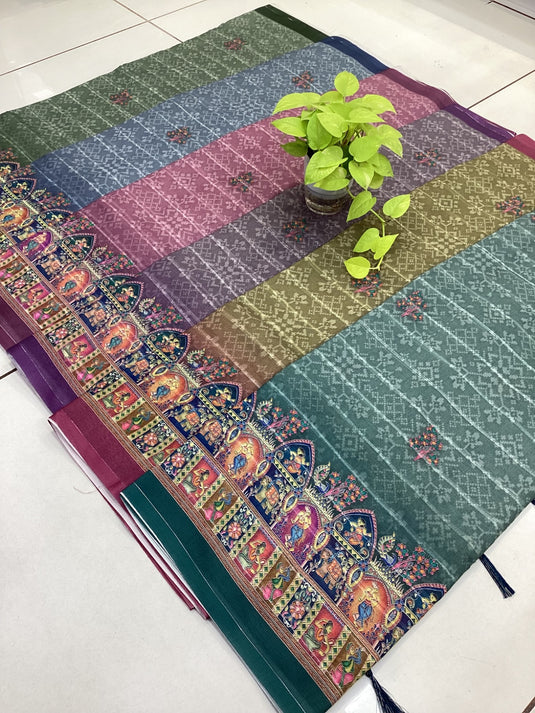 Velvet cotton fringed pallu saree blouse set