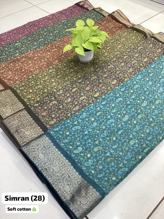 Paisley design soft cotton saree blouse set for women