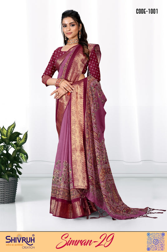 Fancy cotton floral print woven border saree blouse set