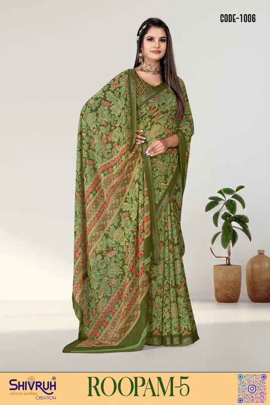 Georgette Floral Print zari weaving saree
