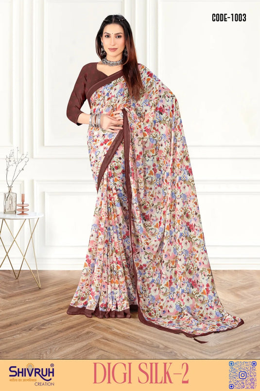 Appealing Multicolor Digital Print Piping Border Weightless (Wetless) Saree For Women