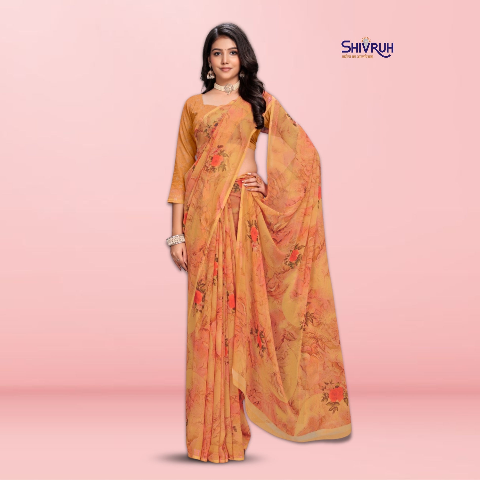 Cream georgette saree with running blouse, lightweight fabric, elegant drape for party and festive wear