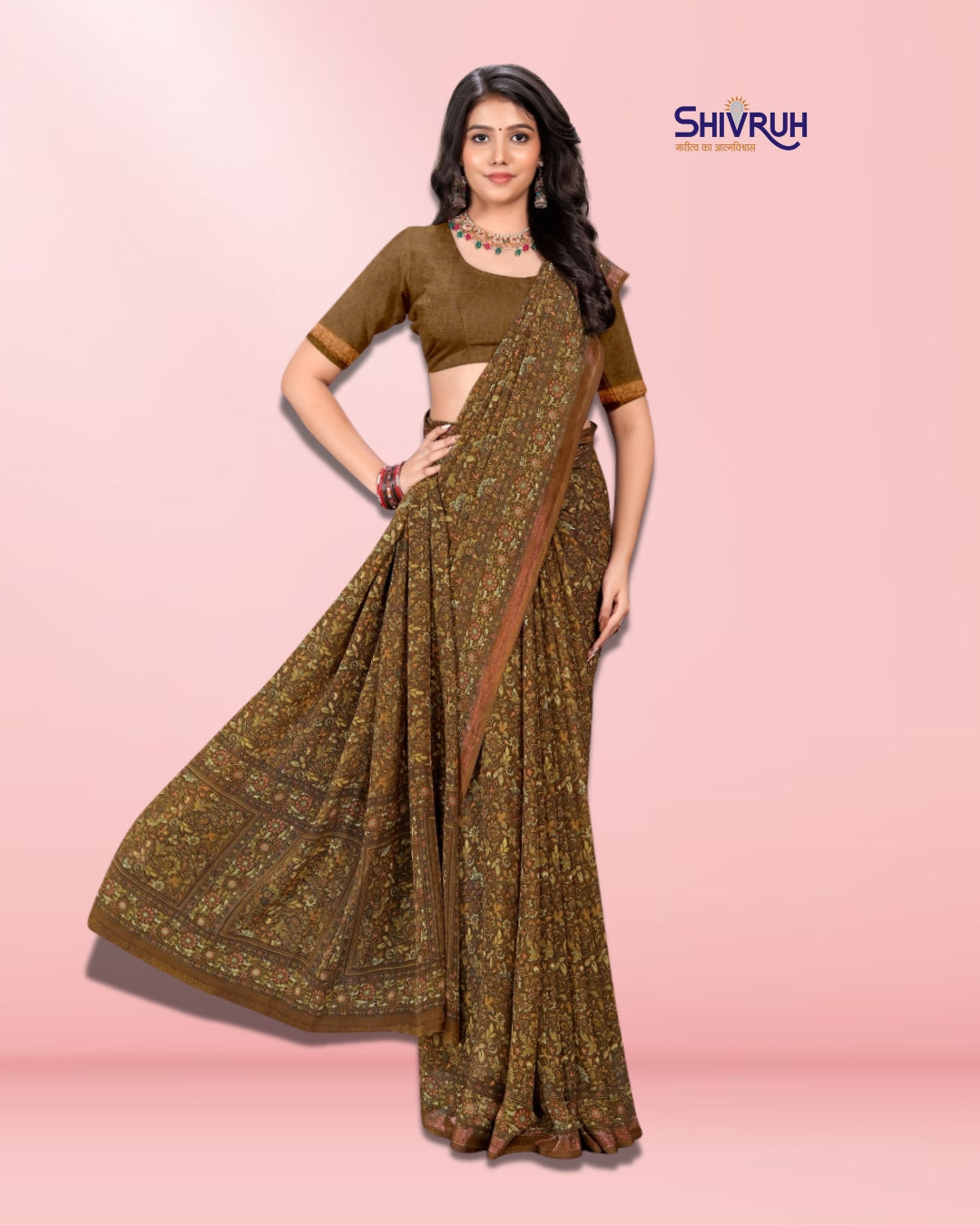 Coffee Bronze Georgette Saree by Shivruh Creation – Soft Multi Softy Fabric with Golden Zari Border and Small All-Over Print, Includes Running Blouse