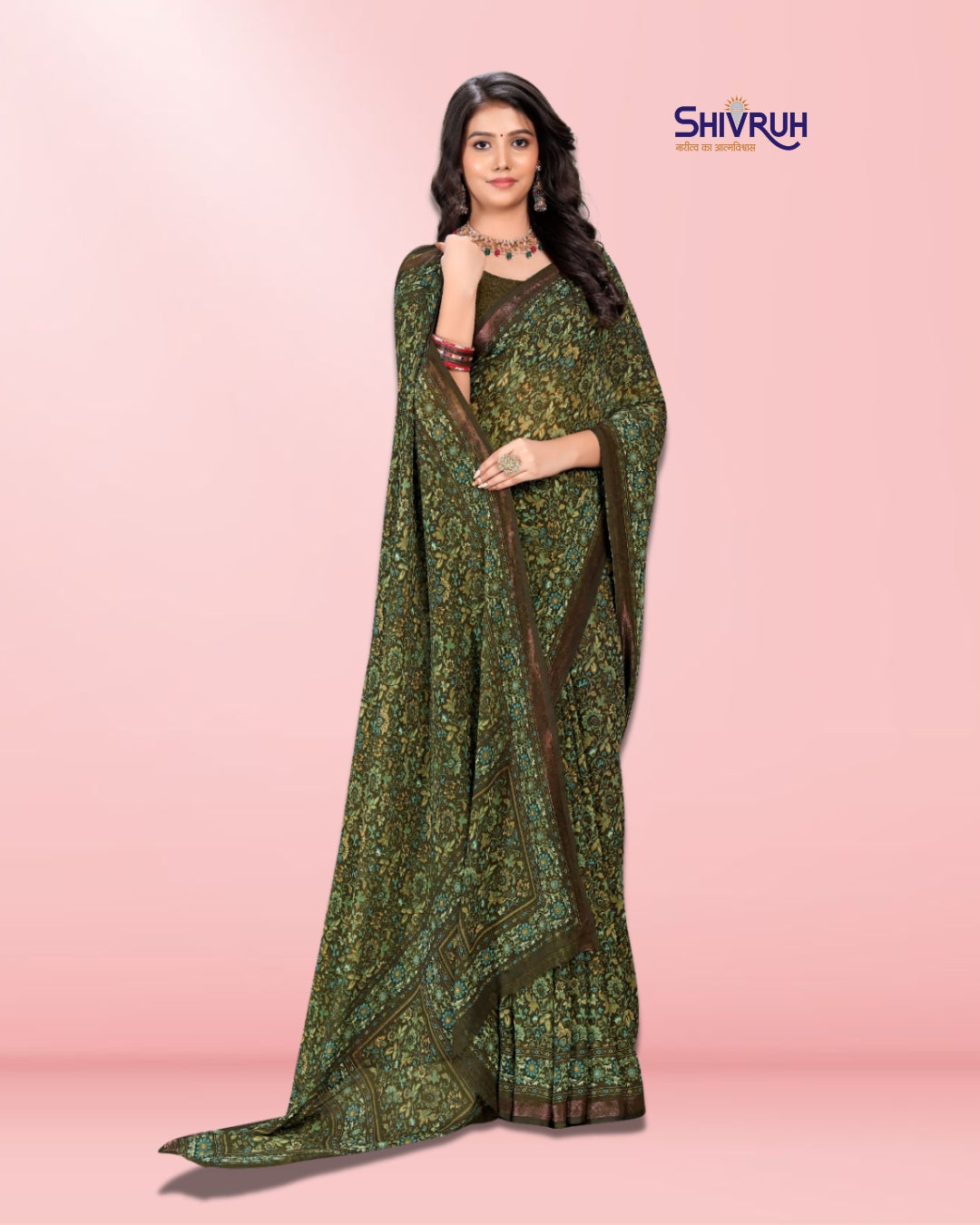 Dark  Green Georgette Saree with Fine Small Print and Rich Zari Border – Lightweight Soft Fabric with 0.80m Running Blouse – Shivruh Creation