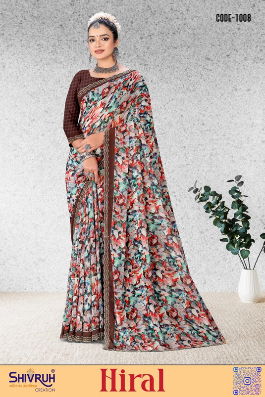 Charming Women's Multicolor Chiffon Digital Print handwork border Jarkan Saree