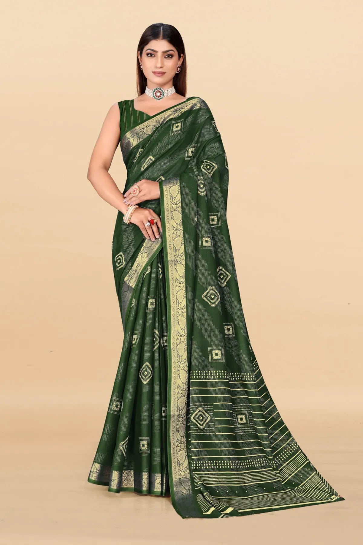 Saree for women in coral silk with geometric border