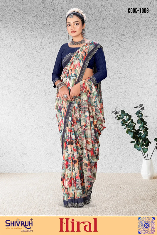 Alluring Women's Multicolor Chiffon Digital Print handwork border Jarkan Saree