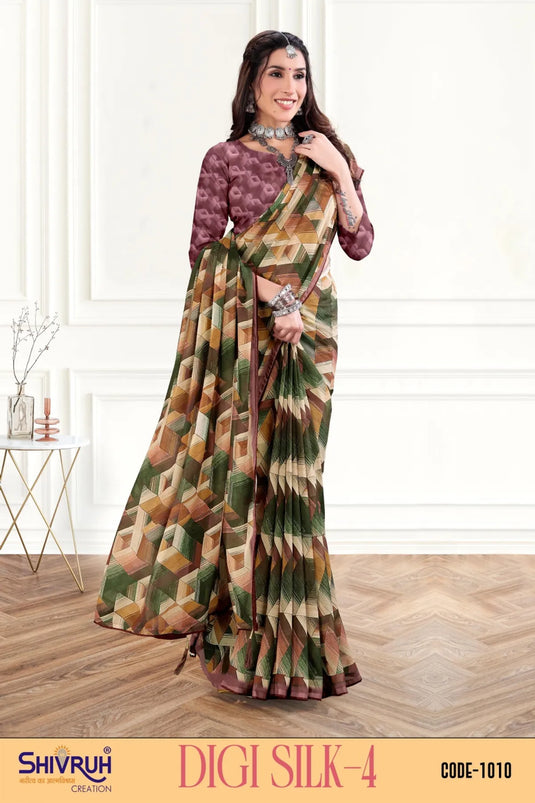 Elegant Multicolor Digital Print Piping Border Weightless (Wetless) Saree For Women