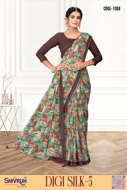 Gorgeous Multicolor Digital Print Piping Border Weightless (Wetless) Saree For Women