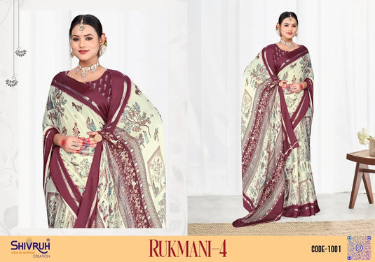 Embellished border printed Moss chiffon Saree with Blouse For Women