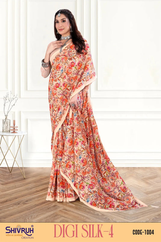 Smashing Multicolor Digital Print Piping Border Weightless (Wetless) Saree For Women