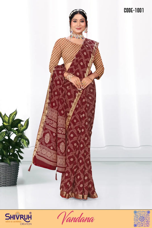 Printed Cotton Weaving Saree With Tassels For Women