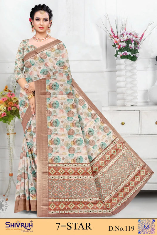 Multicolor Cotton Digital Print Jacquard Border Saree For Women