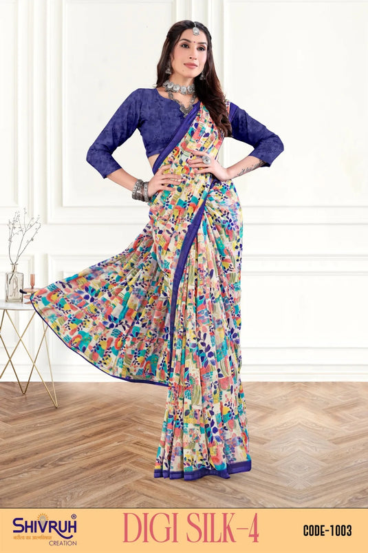 Decent Multicolor Digital Print Piping Border Weightless (Wetless) Saree For Women