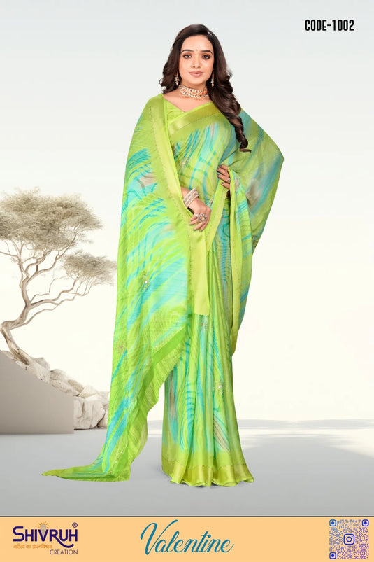 Artistic Moss Chiffon Digital Print Hand work Saree