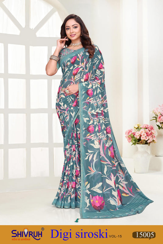 Women saree in fuchsia pink with printed blouse