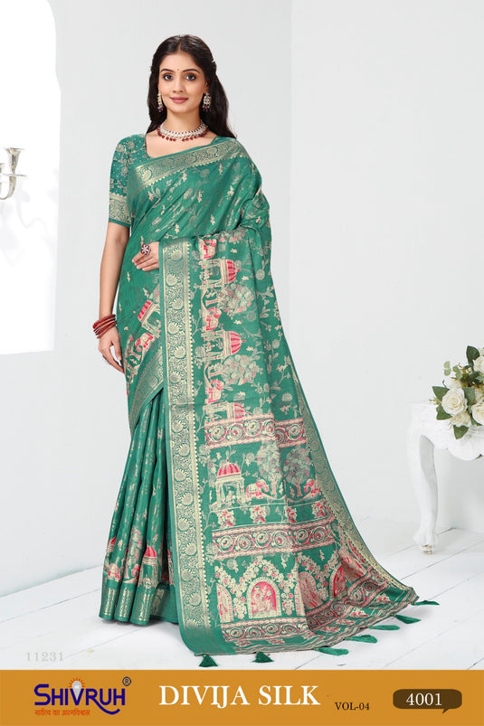 Blue silk saree with golden border by SHIVRUH