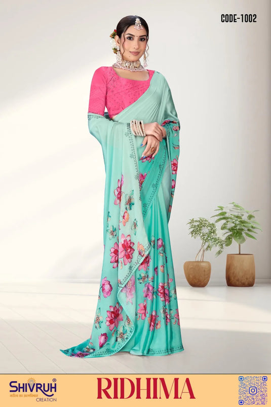 Sweet Satin Floral print Fancy siroski (Swarovski) Saree