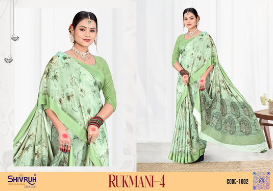 Embellished border printed Moss chiffon Saree with Blouse For Women