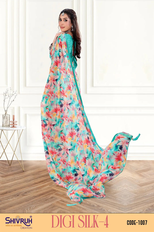 Pretty Multicolor Digital Print Piping Border Weightless (Wetless) Saree For Women