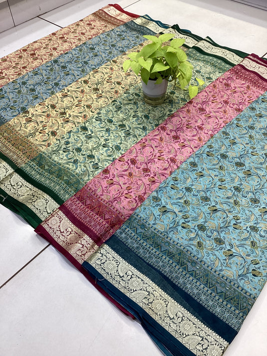 Trending saree featuring fashionable motifs and designer draping