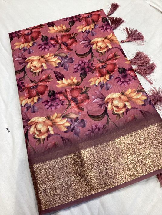 Purple soft cotton Digital Print Jacquard Border Saree For Women