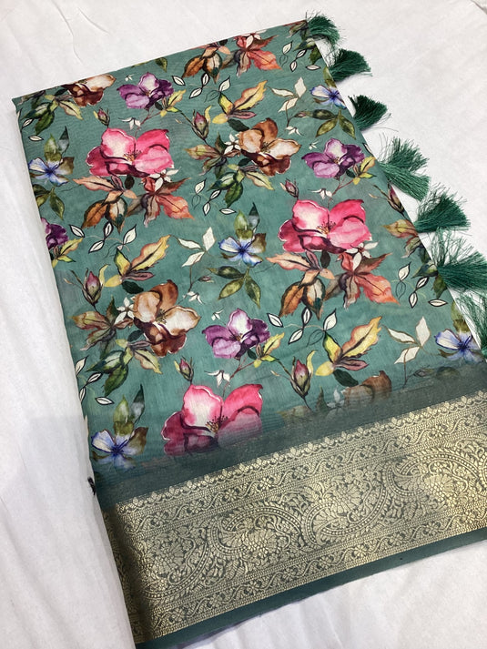 Green soft cotton Digital Print Jacquard Border Saree For Women
