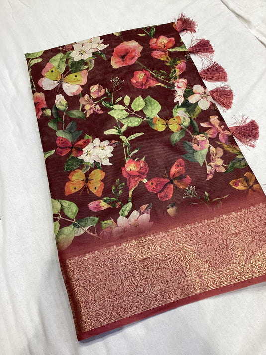 Maroon soft cotton Digital Print Jacquard Border Saree For Women