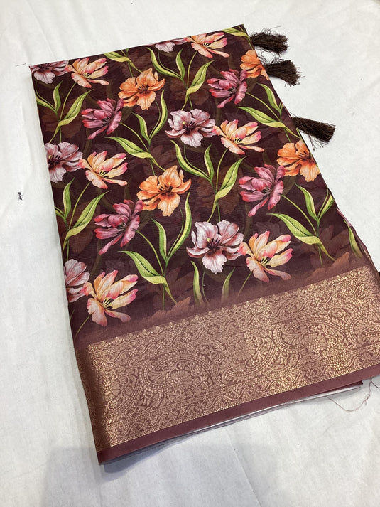 Purple soft cotton Digital Print Jacquard Border Saree For Women