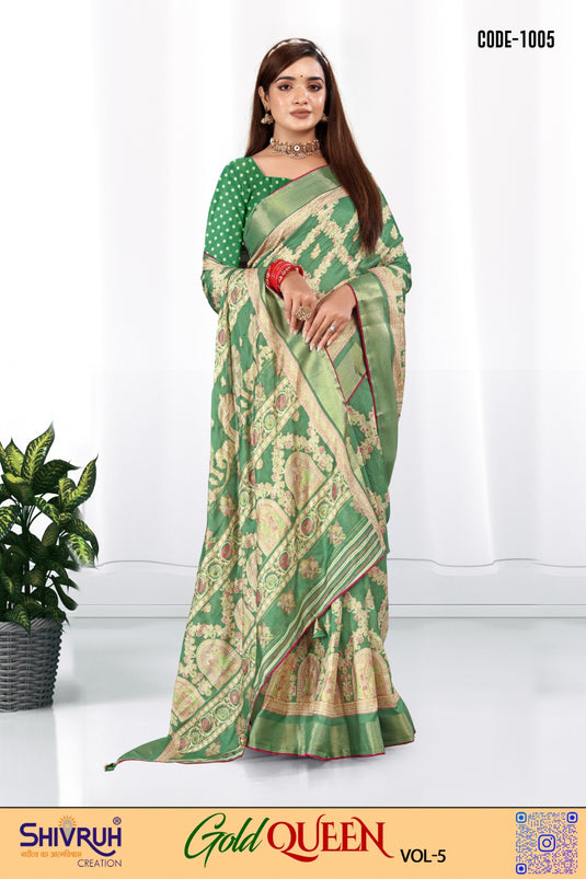 Shivruh Women’s Moss Fabric Foil Touch Saree | Zari Border & Contrast Piping