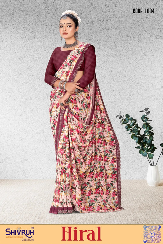 Elegant Women's Multicolor Chiffon Digital Print handwork border Jarkan Saree