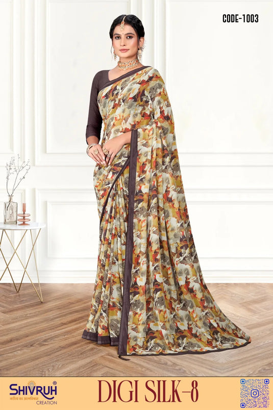 Glamorous Multicolor Digital Print Piping Border Weightless (Wetless) Saree For Women