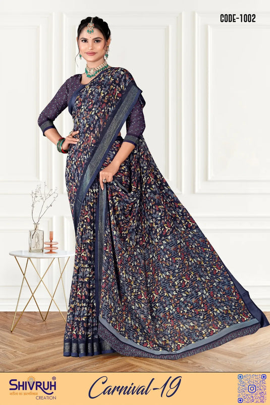 Motif Print Satin Zari Border Georgette Saree with Blouse For Women