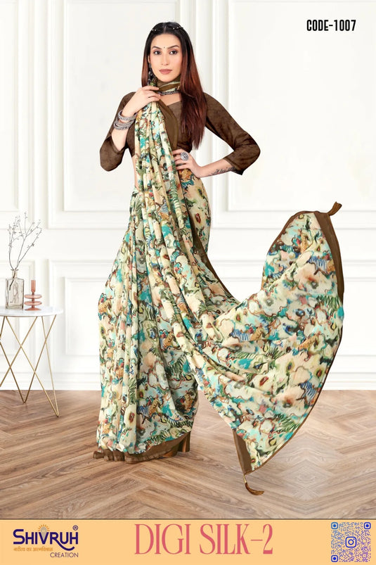 Gorgeous Multicolor Digital Print Piping Border Weightless (Wetless) Saree For Women