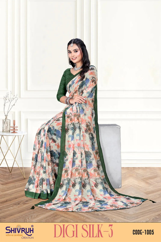 Decorative Multicolor Digital Print Piping Border Weightless (Wetless) Saree For Women