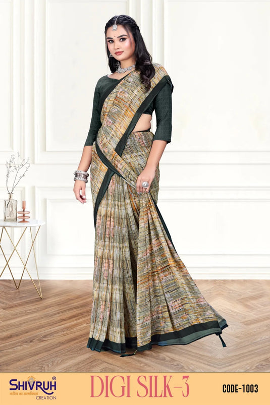 Aesthetic Multicolor Digital Print Piping Border Weightless (Wetless) Saree For Women