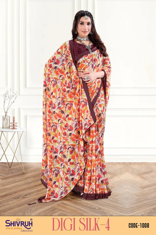 Beautiful Multicolor Digital Print Piping Border Weightless (Wetless) Saree For Women