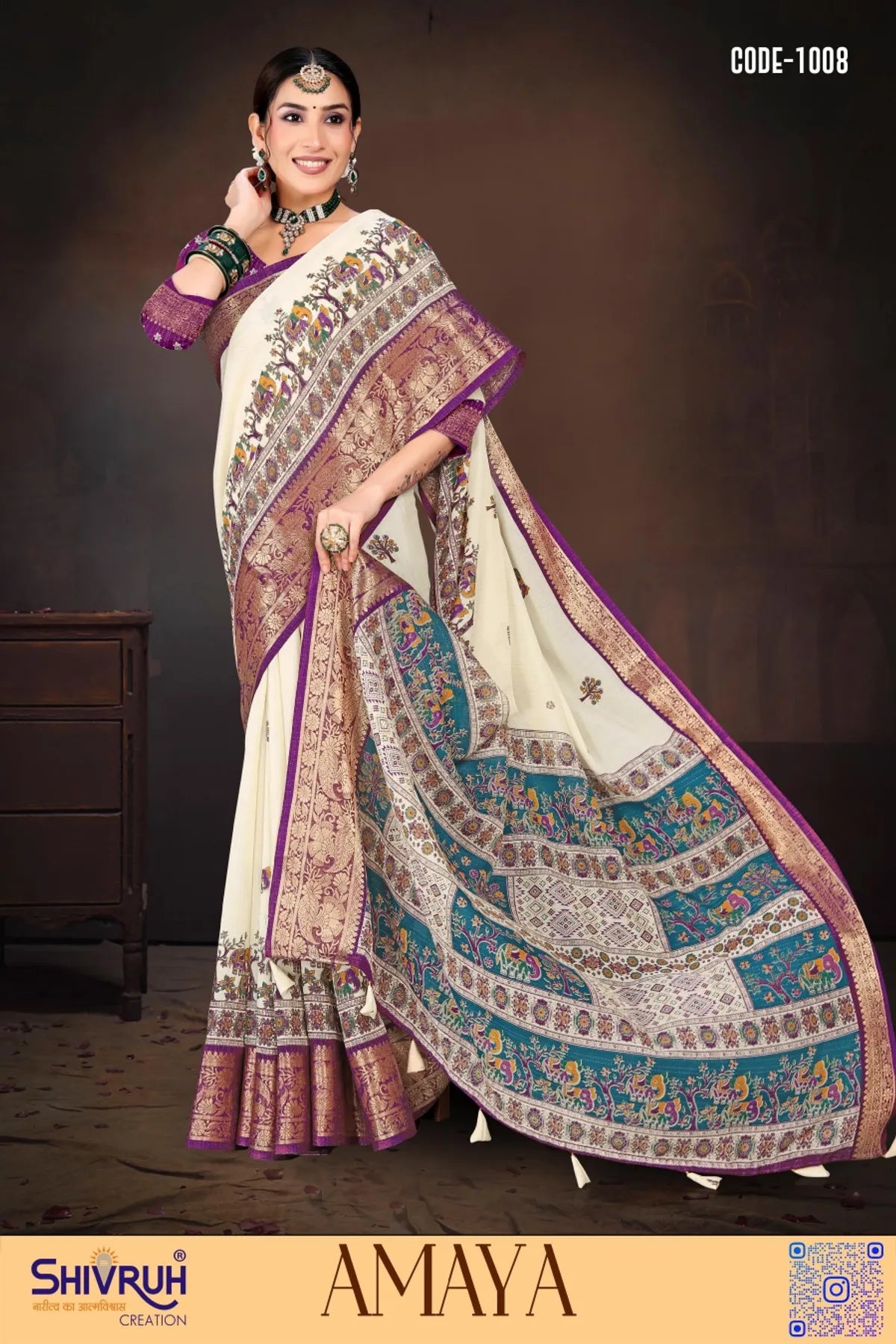 Banarasi saree in olive green with temple motifs