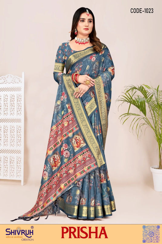 Saree design blending modern prints with tradition