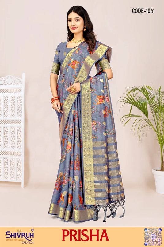 Silk saree with abstract pattern and gold border