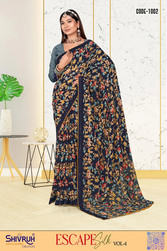 Woven Viscose Zari Border print Georgette Saree with Blouse For Women