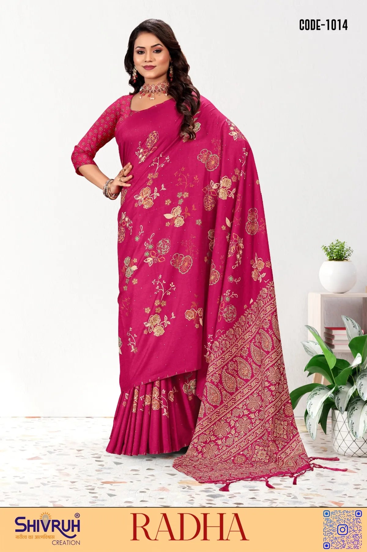 Cotton saree with geometric motifs and thin pallu