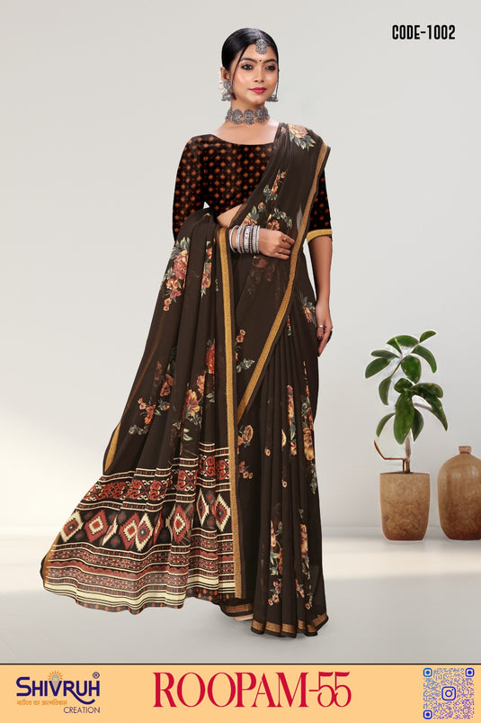 Coffee georgette saree with zari border – perfect hot saree look for weddings