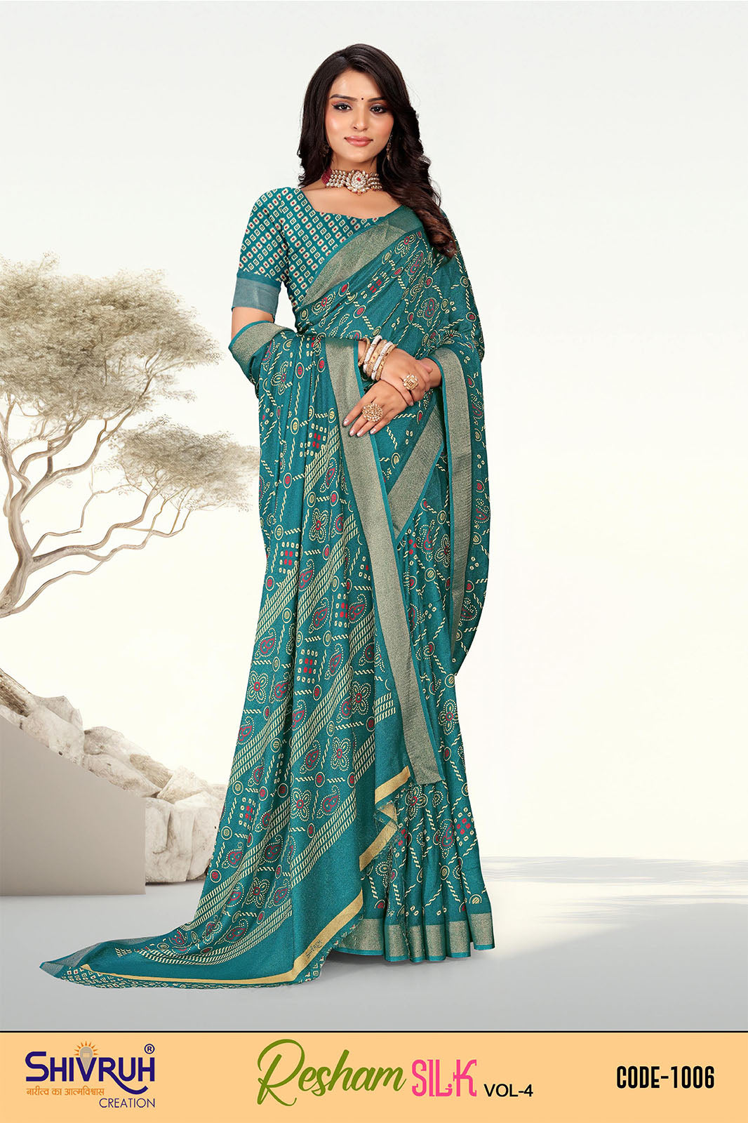 Printed lehriya saree with mirror tassels