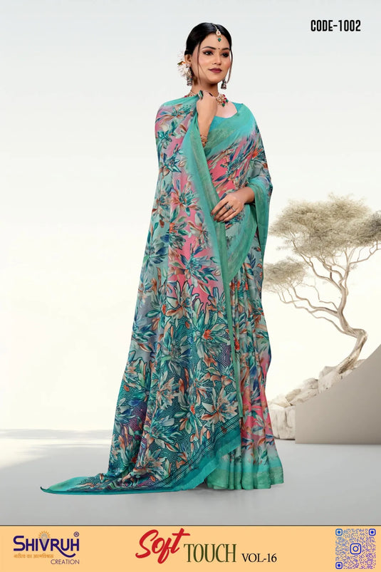 Moss Chiffon Floral Print design saree for women