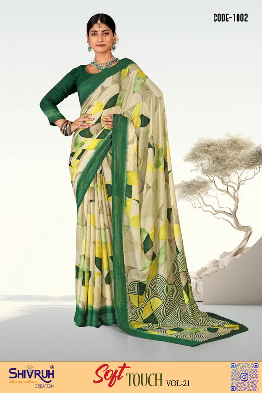 Moss Chiffon Geometrical design saree with blouse for women
