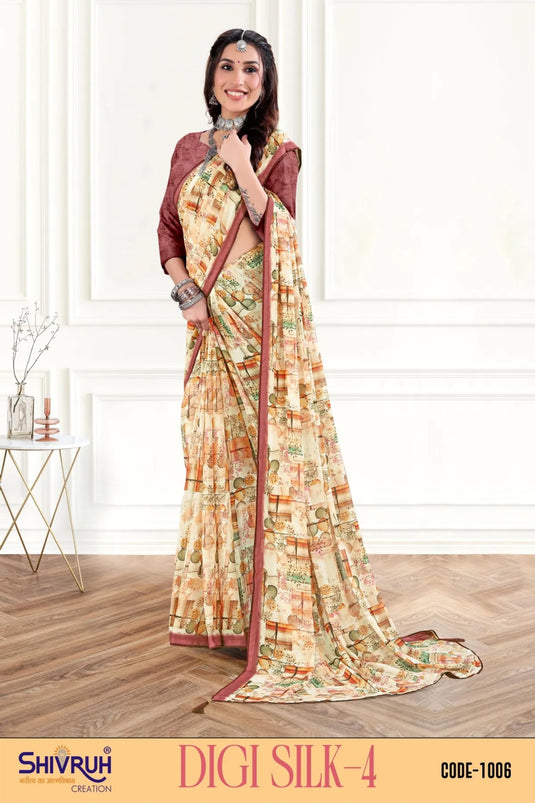 Attractive Multicolor Digital Print Piping Border Weightless (Wetless) Saree For Women